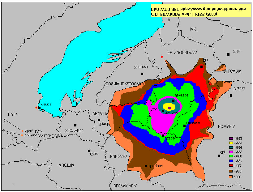 5. ábra Az amerikai kukoricabogár európai elterjedése 1992-2000 között (C. R. Edwards és Kiss J.