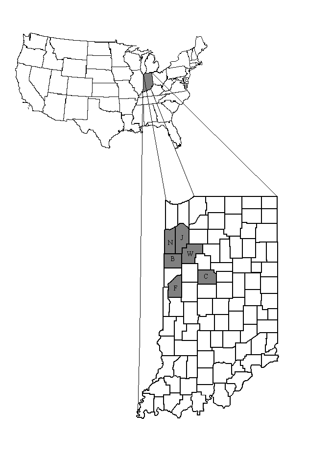 22. ábra A csapdázások helyszínét adó megyék Indiana államban