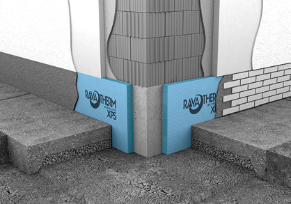 RAVATHERM Alkalmazás XPS Fal / Hőhidas szerkezetek / Lábazat RAVATHERM XPS 300 WB kiváló hőszigetelés vakolt, tégla vagy kőburkolatú lábazatokhoz beton, vasbeton felületekhez a hőhidak