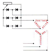 A háromfázisú transzformátorból és az egyenirányítóból álló berendezés elvi áramköre, a mellékelt ábrán látható (9. ábra). 9.