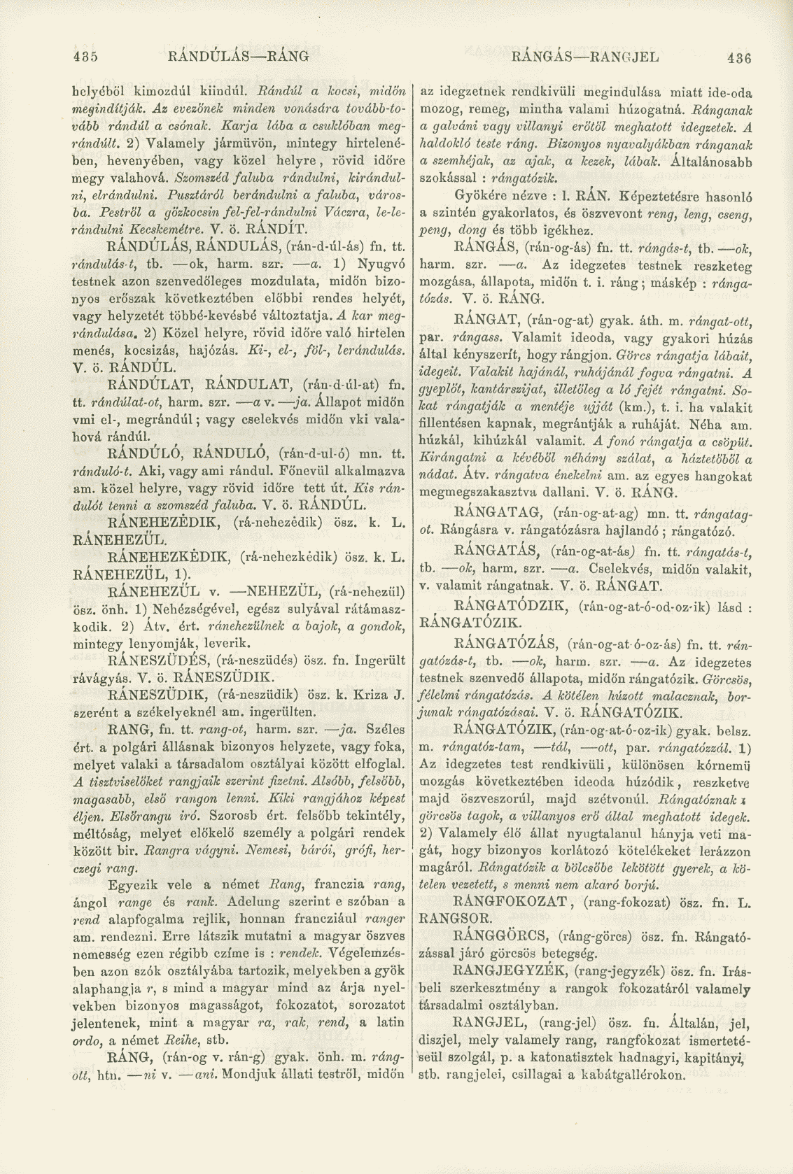 435 RÁNDULÁS RÁNG RÁNGÁS RANGJEL 436 helyéből kimozdul kiindul. Rándul a kocsi, midőn megindítják. Az evezőnek minden vonására tovább-tovább rándul a csónak. Karja lába a csuklóban megrándult.