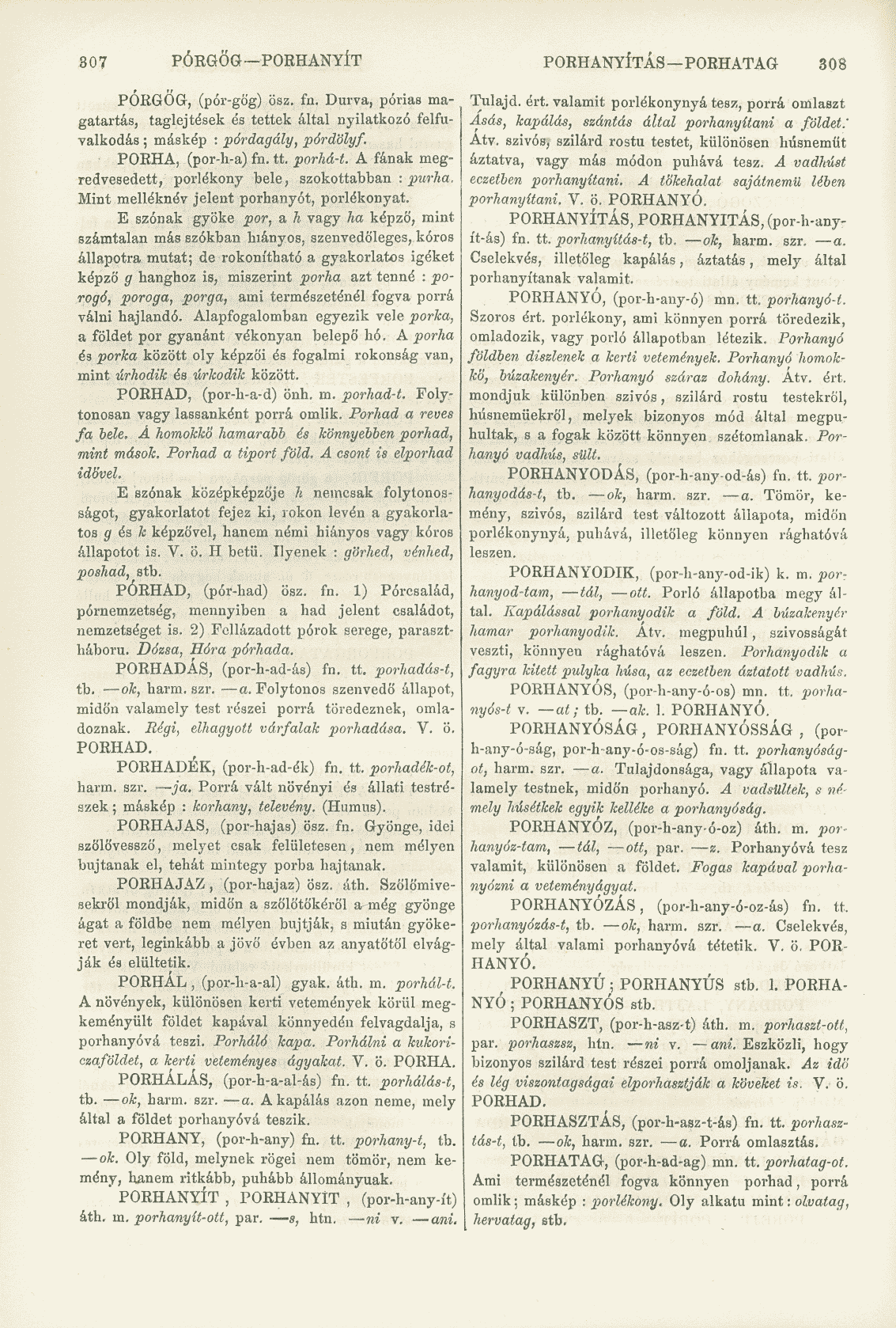 S07 PÓRGÖG PORHANYÍT PORHANYÍTÁS PORHATAG 308 PÓRGÓG, (pór-gög) ösz. fn. Durva, pórias magatartás, taglejtések és tettek által nyilatkozó felfuvalkodás ; máskép : pórdagály, pórdölyf.