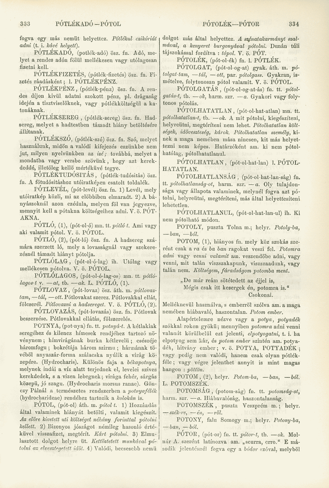 333 PÓTLÉKADÓ-PÓTOL PÓTOLÉK PÓTOK 334 fogva egy más neműt helyettez. Pótlékul czikóriát adni (t. i. kávé helyett). PÓTLÉKADÓ, (potlék-adó) ösz. fn.