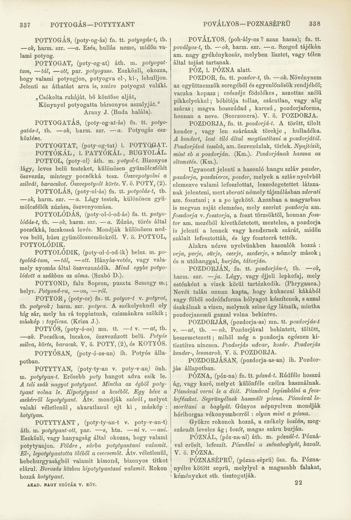 337 POTYOGÁS POTYTYANT POVÁLYOS POZNASÉPRÜ 338 POTYOGÁS, (poty-og-ás) fn. tt. potyogás-t, tb. ok, harm. szr. a. Esés, hullás neme, midőn valami potyog. POTYOGAT, (poty-og-at) áth. m. potyogattam, tál, ott, par.