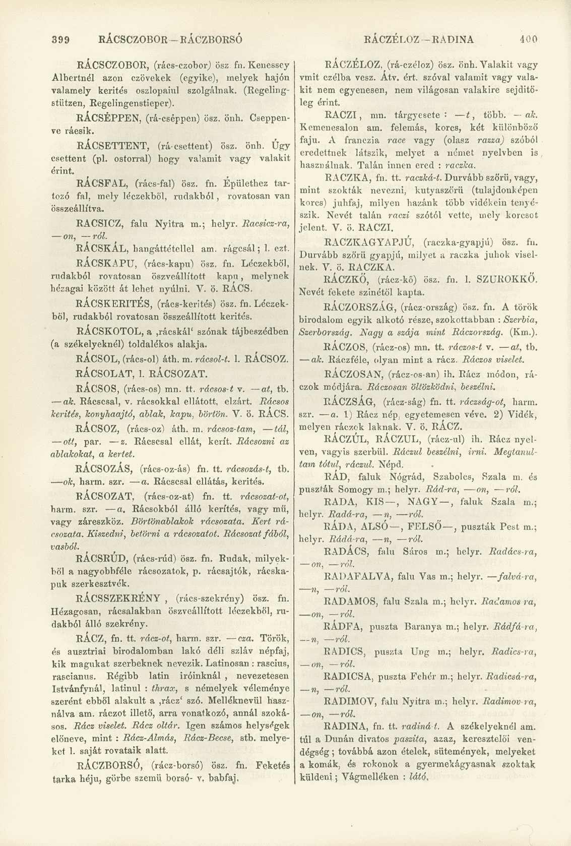 399 RÁCSCZOBOR - RÁCZBORSÓ RÁCZÉl.OZ -RADINA 400 RÁCSCZOBOR, (rács-czoborj ösz fn. Kenessey Albertnél azon czövekek (egyike), melyek hajón valamely kerítés oszlopaiul szolgálnak.