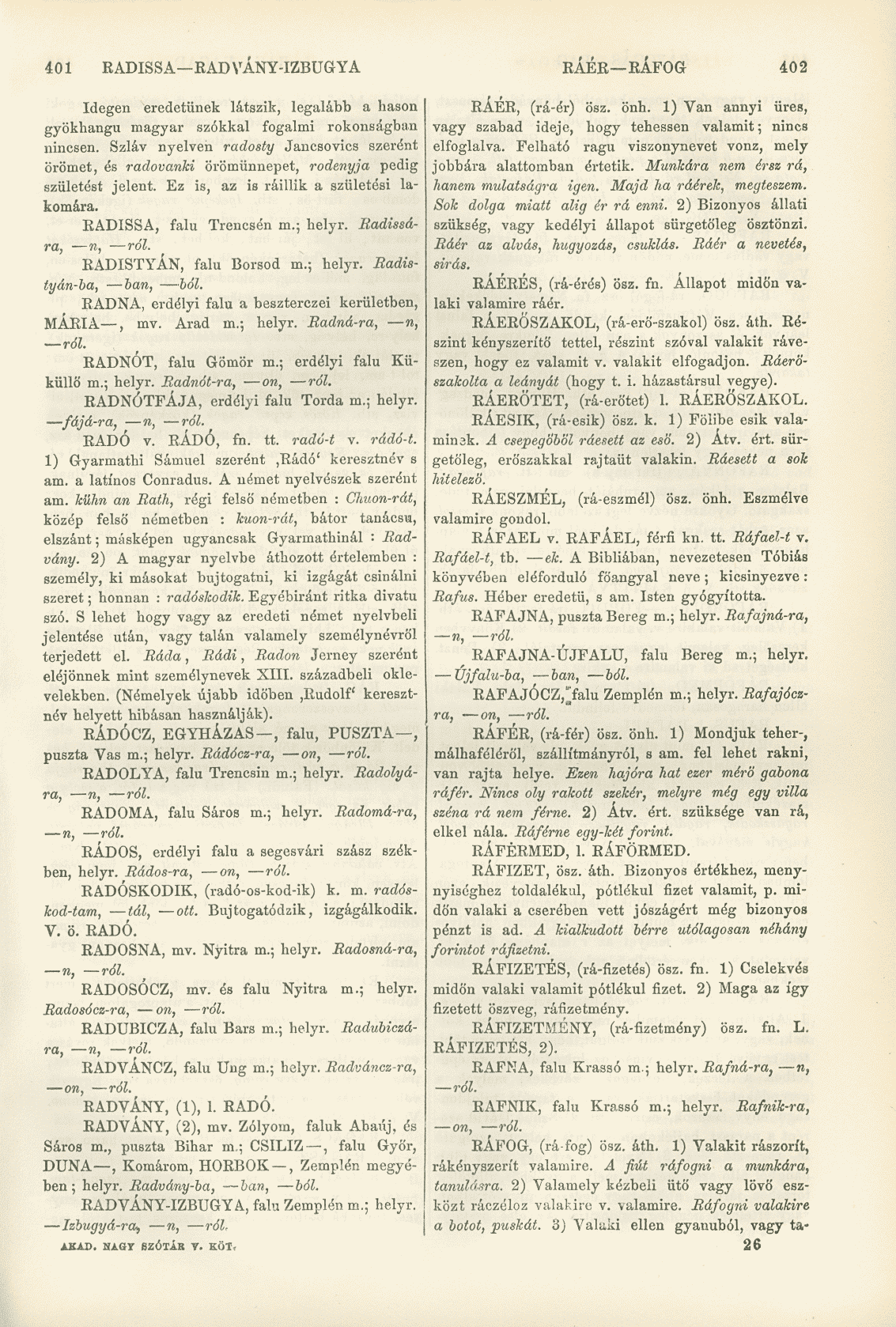 401 RADISSA RADVÁNY-IZBUGYA RÁÉR RÁFOG 402 Idegen eredetűnek látszik, legalább a hason gyökhangu magyar szókkal fogalmi rokonságban nincsen.