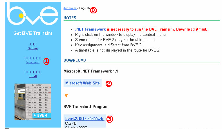 Ezután kattints a Download (1) feliratra, majd az English szövegre (0) hátha értesz is valamit belle. Fontos! A BVE4 futtatásához szükséges a Microsoft.NET keretrendszer legalább 1.