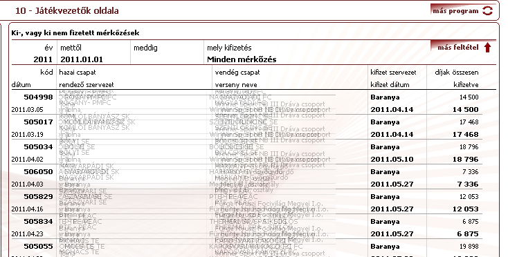 A pontos beállítások után a program kilistázza a mérkőzéseket.