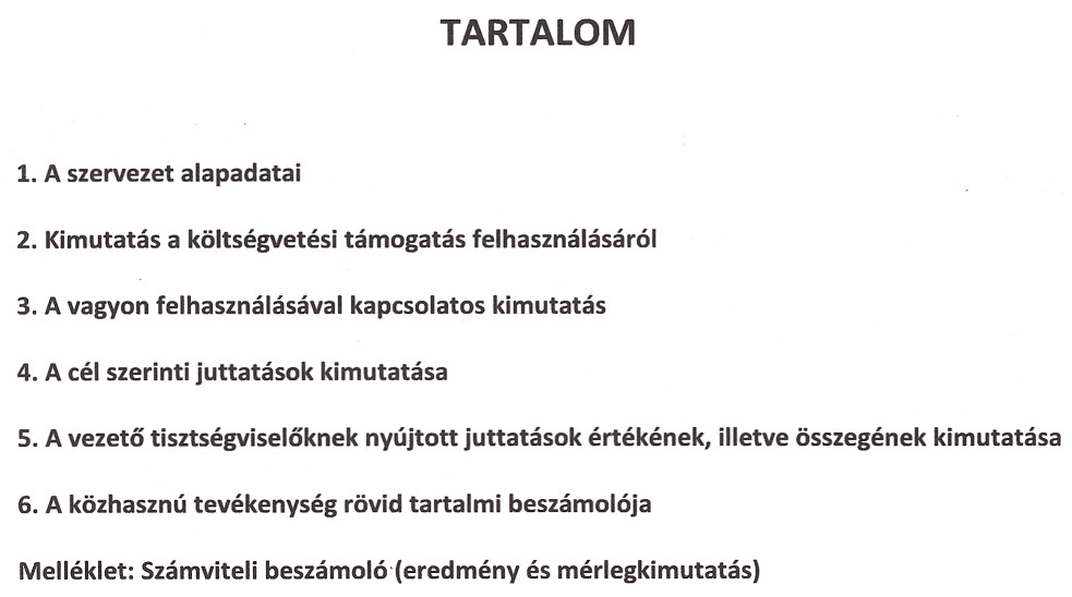 TARTALOM 1. A szervezet alapadatai 2. Kimutatas a koltsegvetesi tamogatas felhasznalasarol 3. A vagyon felhasznalasaval kapesolatos kimutatas 4. A eel szerinti juttatasok kimutatasa S.