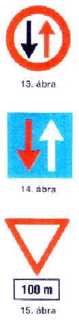 (2) Az (1) bekezdés a) pontjában említett jelzőtábla előjelzésére a táblával azonos ábrájú - az előjelzett tábla távolságát feltüntető - kiegészítő táblával ellátott jelzőtábla szolgál (15. ábra).