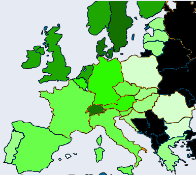 16. ábra: Európa országainak informális intézményeit megragadó fıkomponensének értéke Forrás: Saját ábra Megjegyzés: Minél sötétebb zöld egy