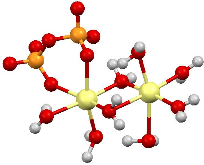. ábra Bal oldal: A tíz kristályvizes nátrium-pirofoszfát két eltérő nátrium-ionjának környezete a vízhez és a pirofoszfát-ionhoz tartozó oxigének megkülönböztetésével.