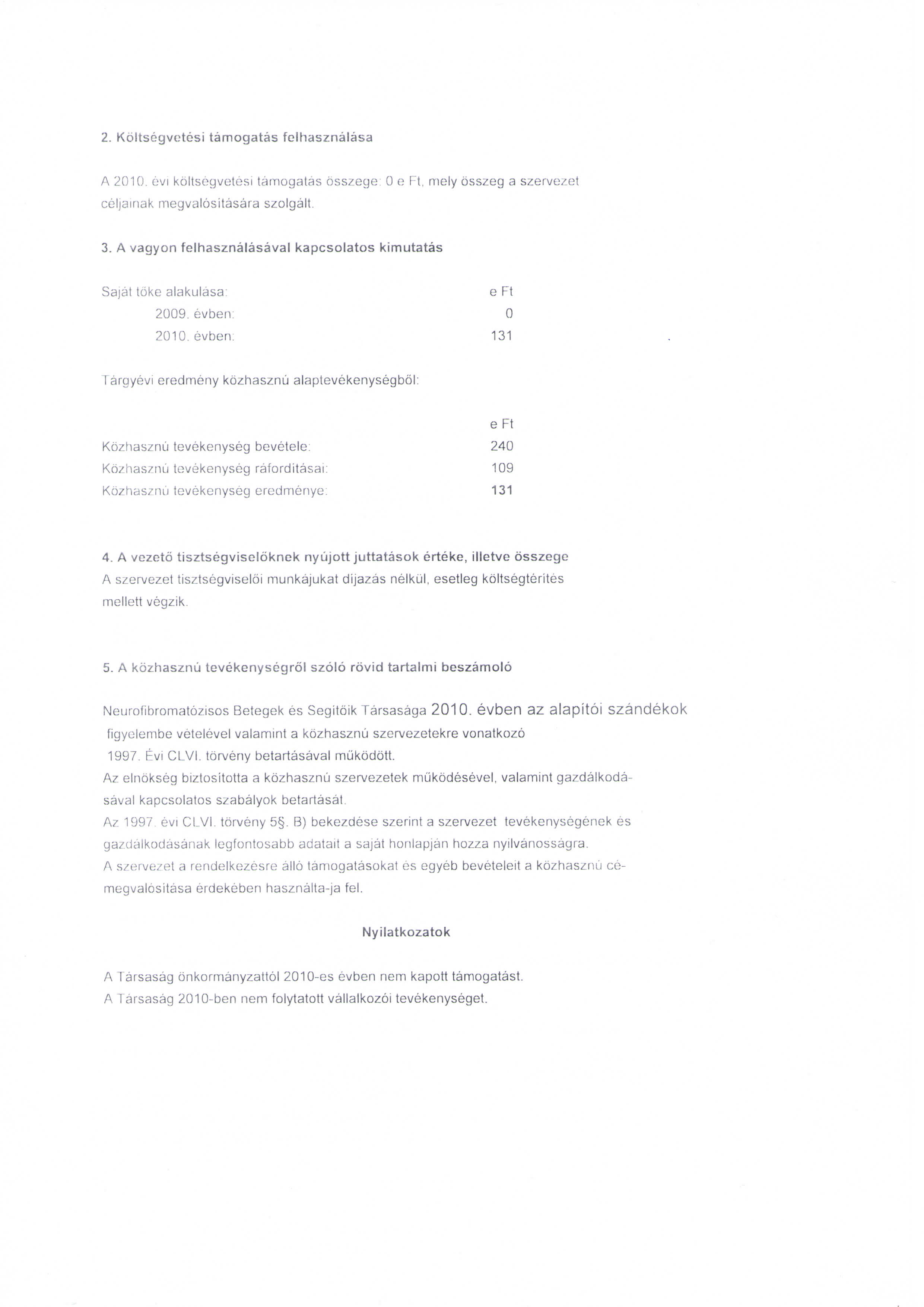 2. Koltsegvetesi tamogatas felhasznalasa A 2010. evi kbltsegvetesi tamogatas bsszege: 0 e Ft, mely bsszeg a szervezet celjainak megvalositasara szolgalt. 3.