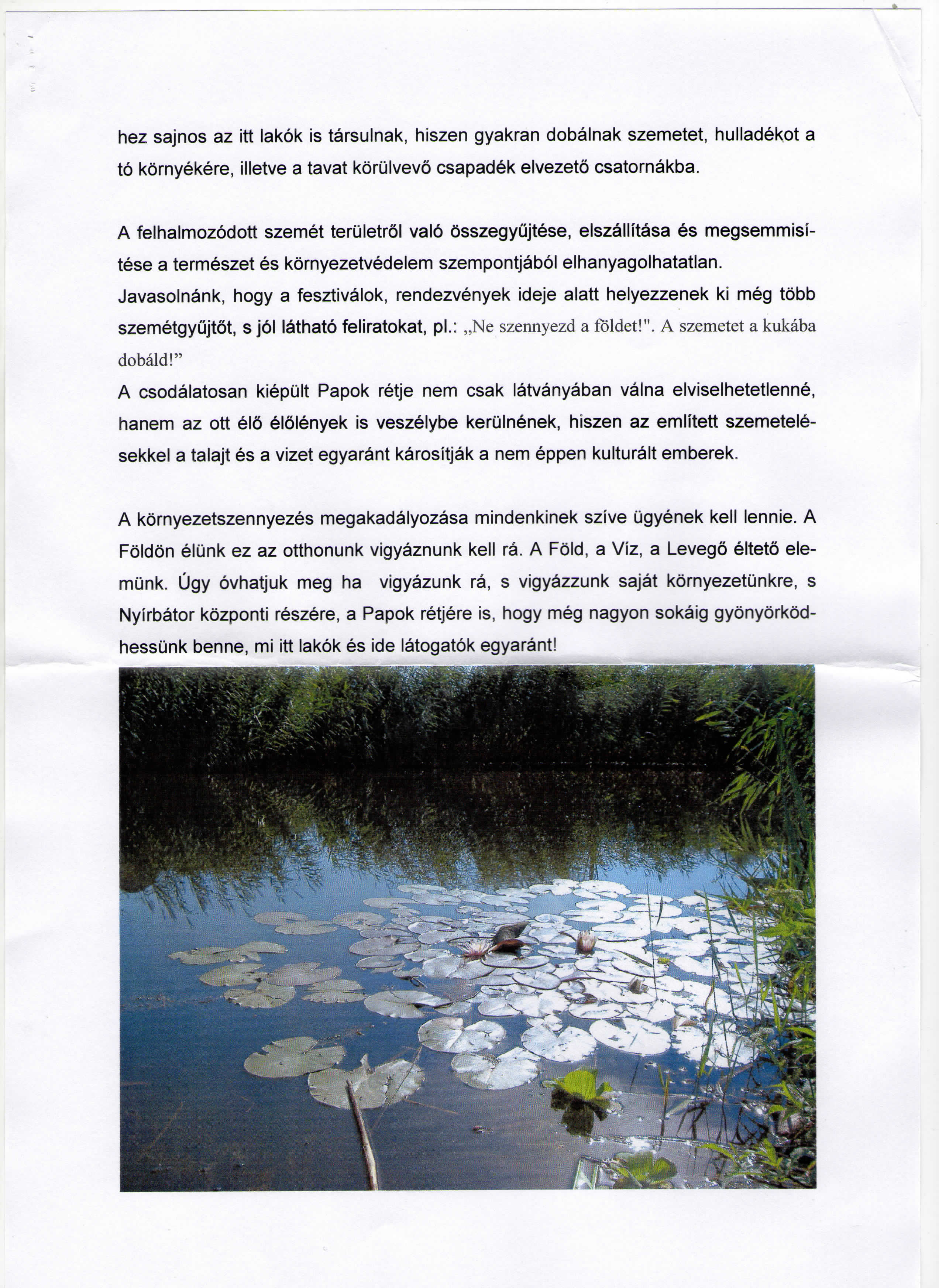 hez sajnos az itt lakok is tarsulnak, hiszen gyakran dobalnak szemetet, hulladekot a to kbrnyekere, illetve a tavat korulvevo csapadek elvezeto csatornakba.