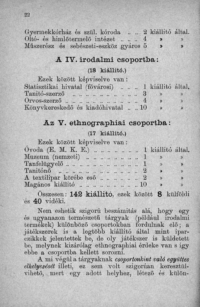 Gyermekkórház és szül. kóroda.... 2 kiállító által. Oltó- és himlőtermelő intézet 4»» Műszerész és sebészeti-eszköz gyáros 5 >» A IV. irodalmi csoportba: (18 kiállító.).