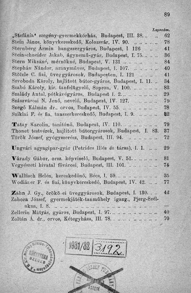 Stefánia" szegény-gyermekkórház, Budapest, III. 38..... 62 Stein János, könyvkereskedő, Kolozsvár, IV. 90.