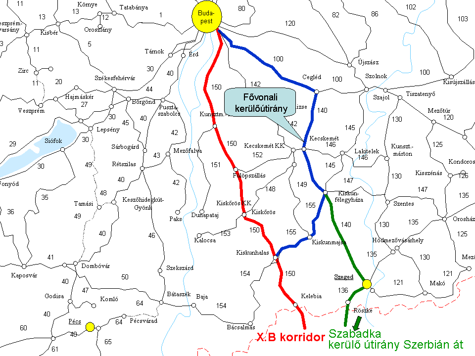 14. sz. ábra A kelebiai vasútvonal potenciális kerülőútirányai forgalmi zavar esetén 5.2.