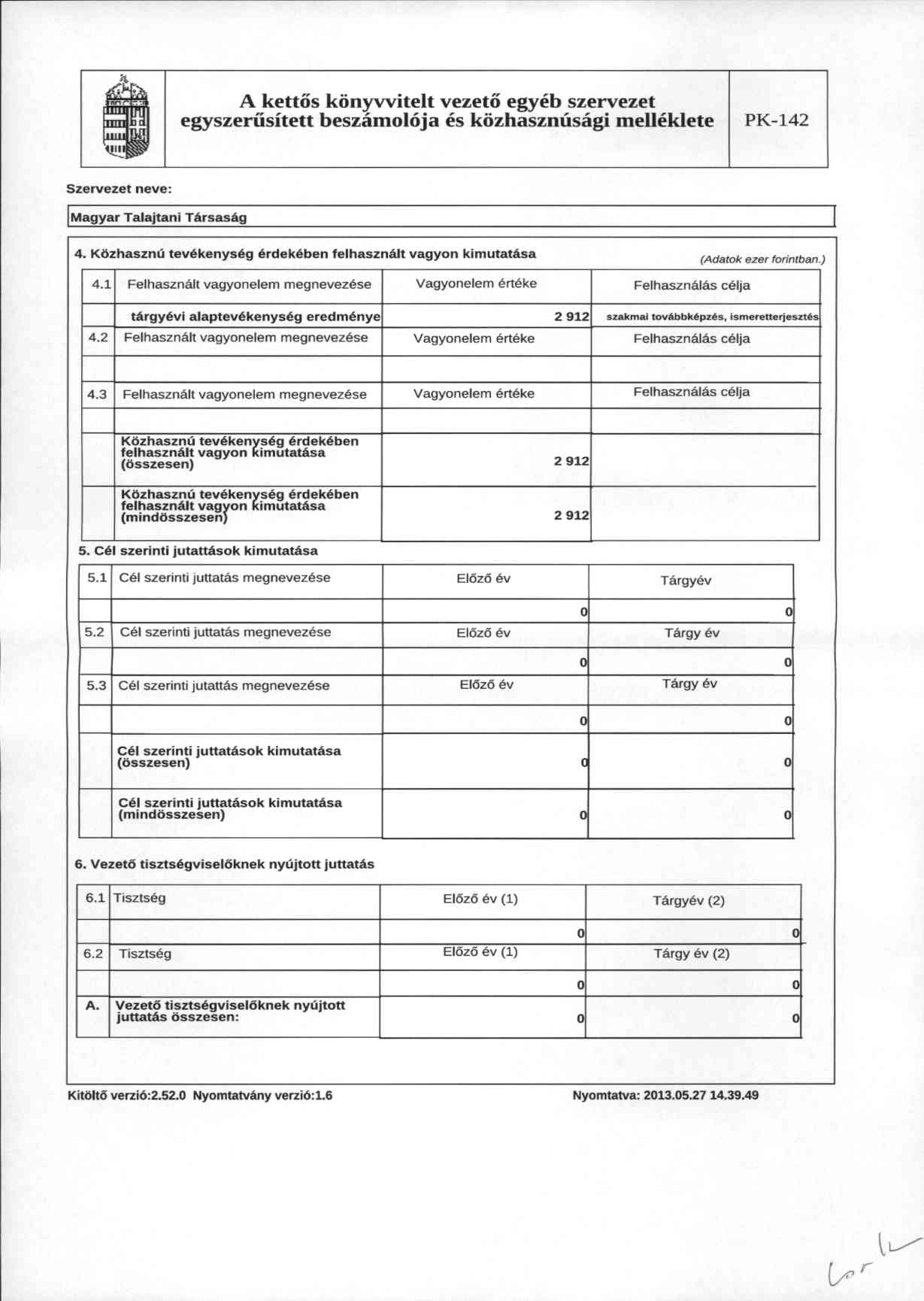 A ketts knyvvite1t vezet egyeb szervezet egyszeriisitett beszaml6ja es kzhasznusagi melh~klete PK-142 Szervezel Magyar Talajtani Ttl.rsastl.g 4. Kl)zhasznu levekenyseg erdekeben felhaszntl.