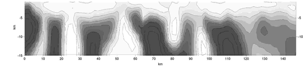 km-énél jól illeszkedik egy 10 km mélységű, 500 500 m-es keresztmetszetű négyzetes hasáb modellezett mágneses anomáliája) Fig. 9.