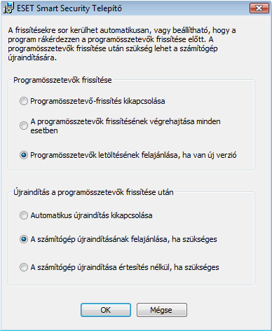 Ha szeretné, hogy a programösszetevôk automatikusan frissítésre kerüljenek, válassza a Programösszetevôk frissítésének végrehajtása minden esetben opciót.