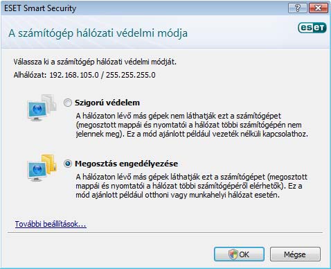 A Megbízható zóna beállítására vonatkozó figyelmeztetés automatikusan felugrik az ESET Smart Security telepítése után, illetve minden alkalommal, amikor a számítógép új hálózathoz csatlakozik, ezért