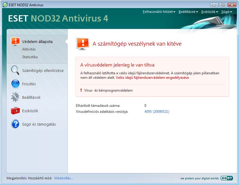 Ezenkívül az ESET NOD32 Antivirus program jelzi a védelmi állapot szintjét a Windows értesítési területén (a tálca jobb alsó sarkában, az óra mellett) is.