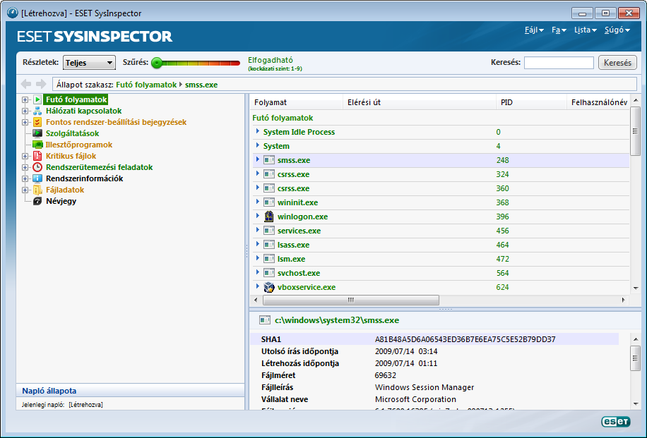 tudnivalókért tanulmányozza a Az ESET SysInspector részét képező ESET Smart Security című témakört).