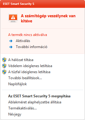 Az ESET Smart Security programot közvetlenül az alkalmazásból aktiválhatja.