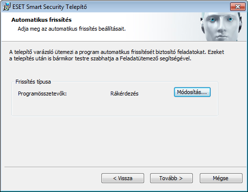 Ezzel a telepítési lépéssel adhatja meg az automatikus programfrissítések kezelési módját. A Módosítás gombra kattintva megjelenítheti a további beállításokat.