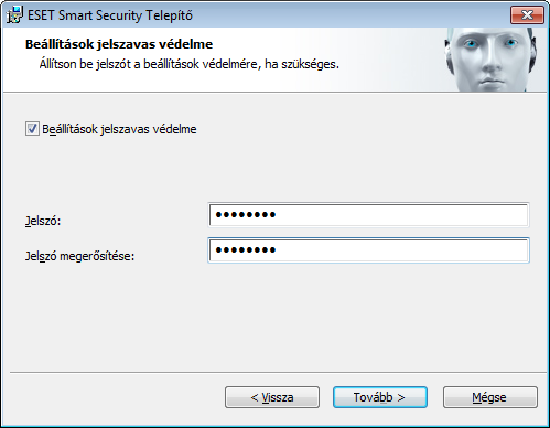 A következő telepítési ablakban megadhat egy jelszót a programbeállítások védelmének biztosításához.