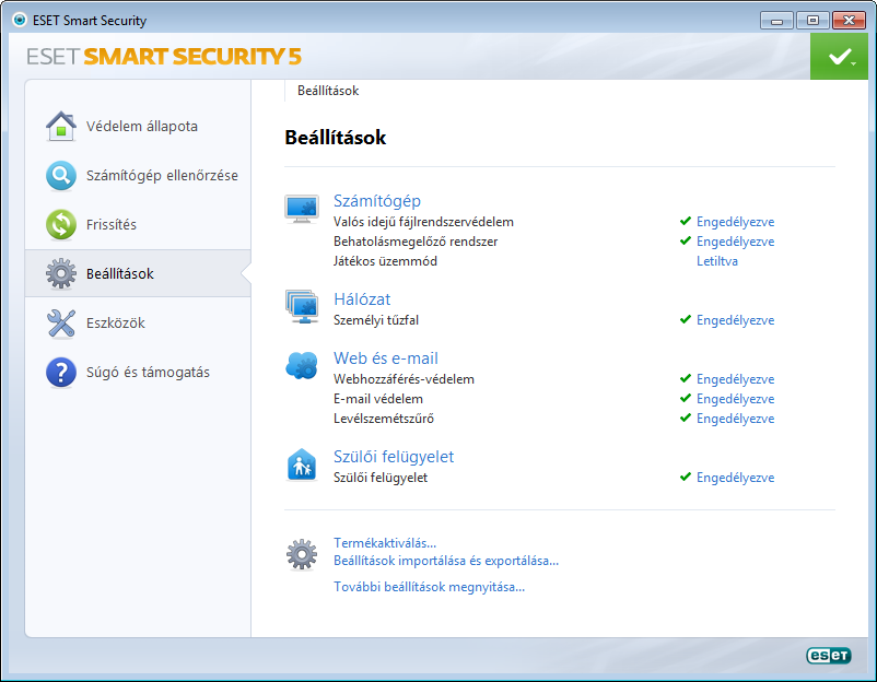 4. Az ESET Smart Security Az ESET Smart Security beállításai lehetővé teszik a számítógépek és hálózatok védelmi szintjének megadását.