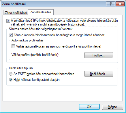 a megbízható zónába. Ha a Váltás automatikusan az azonos nevű profilra (új profil jön létre) jelölőnégyzetet bejelöli, a sikeres hitelesítés után új profil jön létre.