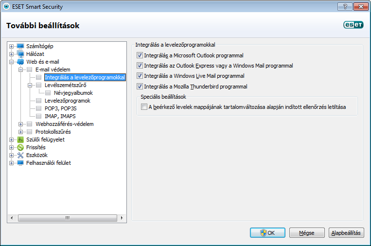 4.3.2.3.1 Az e-mail védelem beállításai Az E-mail védelem modul az alábbi levelezőprogramokat támogatja: Microsoft Outlook, Outlook Express, Windows Mail, Windows Live Mail és Mozilla Thunderbird.