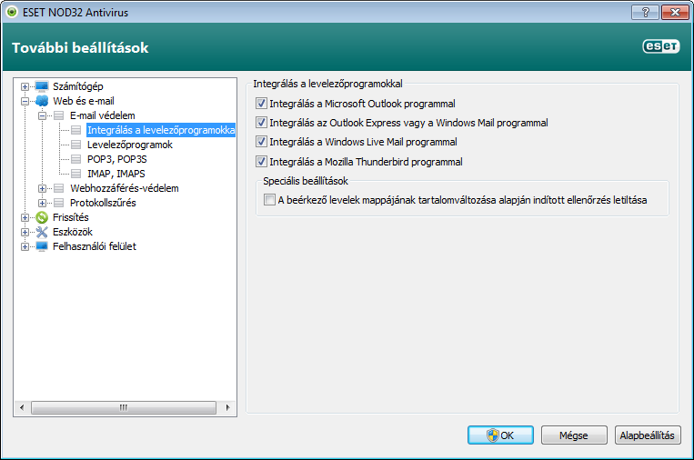 4.2.2.3.1 Az e-mail védelem beállításai Az E-mail védelem modul az alábbi levelezőprogramokat támogatja: Microsoft Outlook, Outlook Express, Windows Mail, Windows Live Mail és Mozilla Thunderbird.