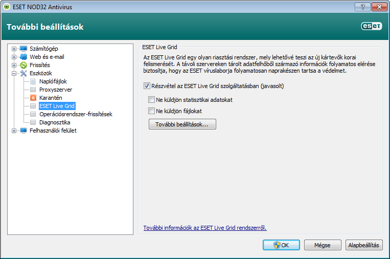 Az ESET Live Grid beállításai széles körű paraméterezési lehetőséget kínálnak a gyanús fájlokat és a névtelen statisztikai adatokat az ESET laborjába küldő ESET Live Grid engedélyezésére és