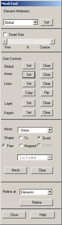 Elemméret megadása: A MeshTool ablakban a Size Controls: alatt az Areas mellet nyomjunk a Set-re majd a felugró ablakban Pick All.