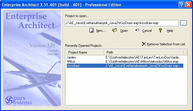 2. CASE eszkö z Enterprise Architect 15 Projekt betölté se A betöltendő projekt kiválasztható a lemezen való böngé szé ssel (Project to open.