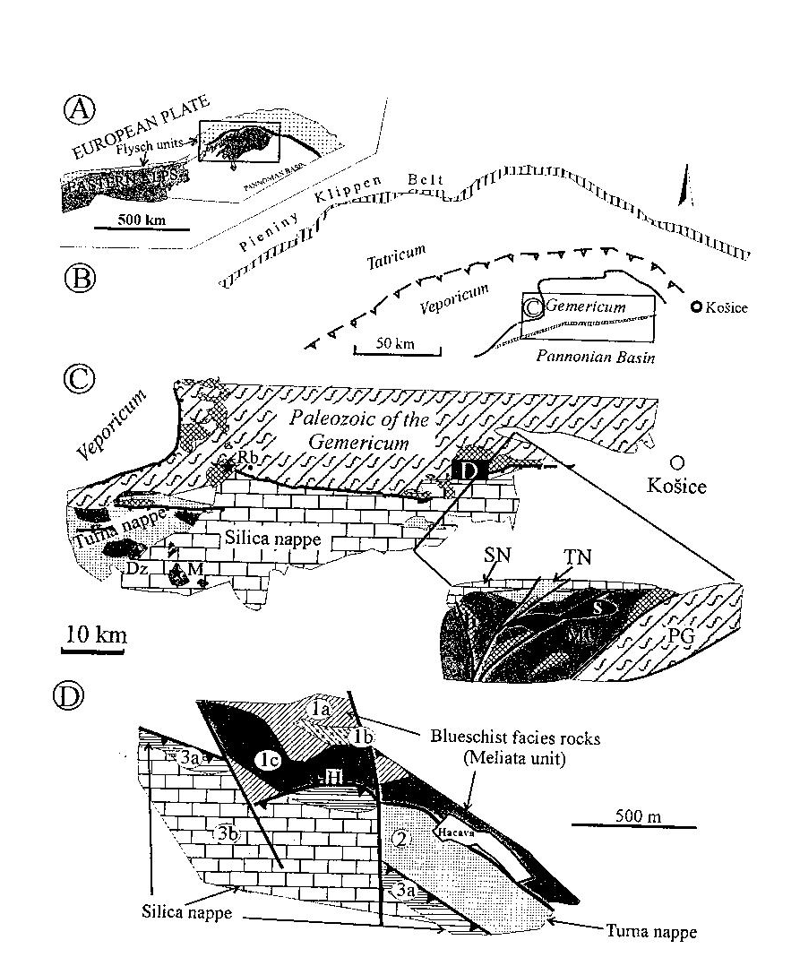 Az idealizált metszet felülről lefelé: SN Szilicei takaró; TN Tornai takaró; MU Mellétei egység tektonikai blokkokkal. s: szerpentinit, b: kékpalafáciesű kőzetek PG Gömöri Paleozoikum.