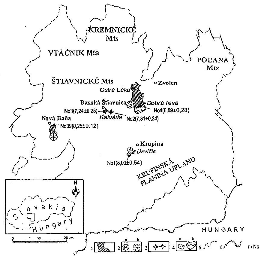 emelet végén jelentkezik, majd egy nyugalmi időszak után a negyedidőszakban felújul (Konečný és társai, 1995a, 1995b). 6.2.7. Ábra. Alkálibazaltok Közép-Szlovákiában. 1. lávafolyások és lávakomplexumok.