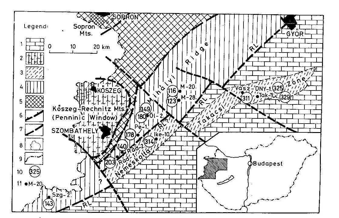 5.2.1. Ábra. A Kisalföld metamorf-kőzettani térképvázlata Fülöp és társai (1985) és Árkai és társai (1987) után. 1. Nem metamorf mezozoikum és paleozoikum. 2.