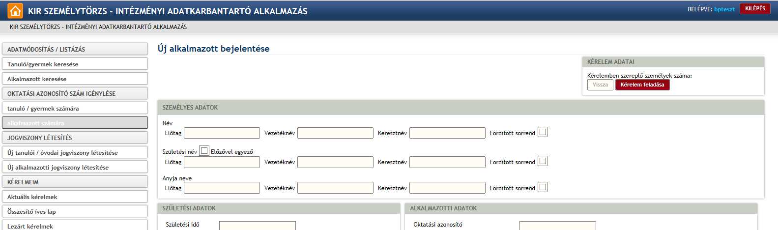 keresni az intézmény alkalmazottai közül és a táblázat utolsó oszlopában található Adatok