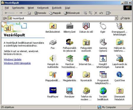 A Vezérlőpult ikonjainak segítségével megváltoztatható a Windows 2000 megjelenése és működése. Ezek az ikonok a számítógép beállítási lehetőségeit jelölik.
