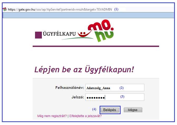 javasoljuk. 2.1. BELÉPÉS A RENDSZERBE AZ ÜGYFÉLKAPU HASZNÁLATÁVAL Elsőként indítson el egy böngésző programot, majd a (1) címsávba írja be a rendszer URL címét: https://tevadmin.nrszh.