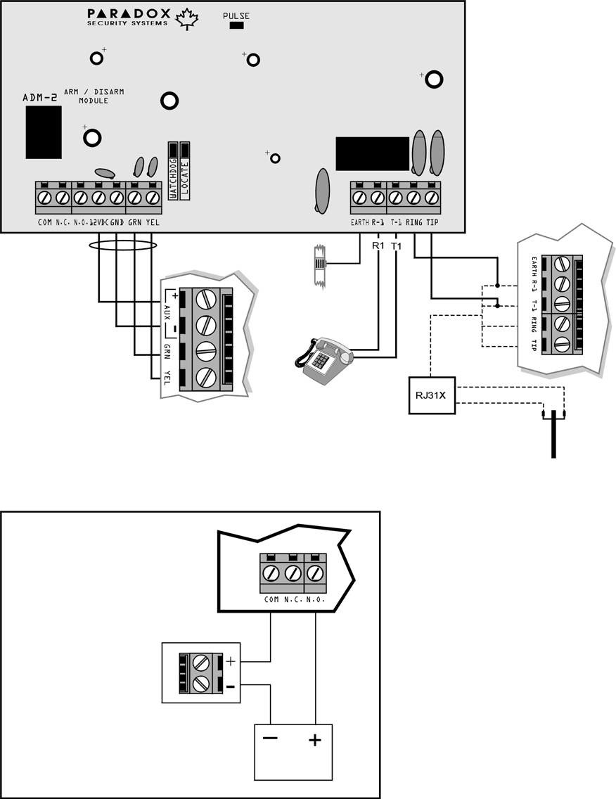 Hangjelzős élesítő/hatástalanító modul (APR3-ADM2) Vegye le a tápot és az akkut a központról mielőtt az APR3-ADM2 modult a rendszerhez kapcsolja.