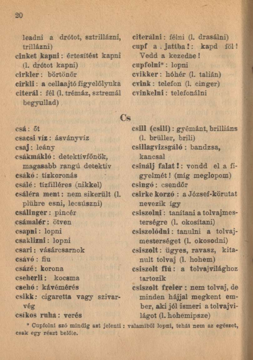 leadni a drótot, sztrillázni, trillázni) cinket kapni: értesítést kapni (l. drótot kapni) cirkler: börtönőr cirkli: a cellaajtó figyelőlyuka citerál: fél (l.