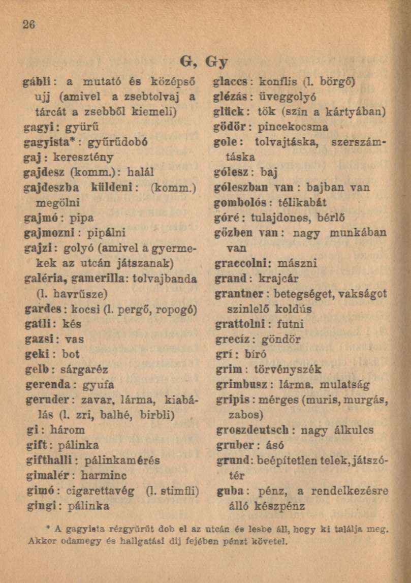 gábli: a mutató és középső ujj (amivel a zsebtolvaj a tárcát a zsebből kiemeli) gagyi: gyűrű gagyista*: gyűrűdobó gaj: keresztény gajdesz (komm.): halál gajdeszba küldeni: (komm.