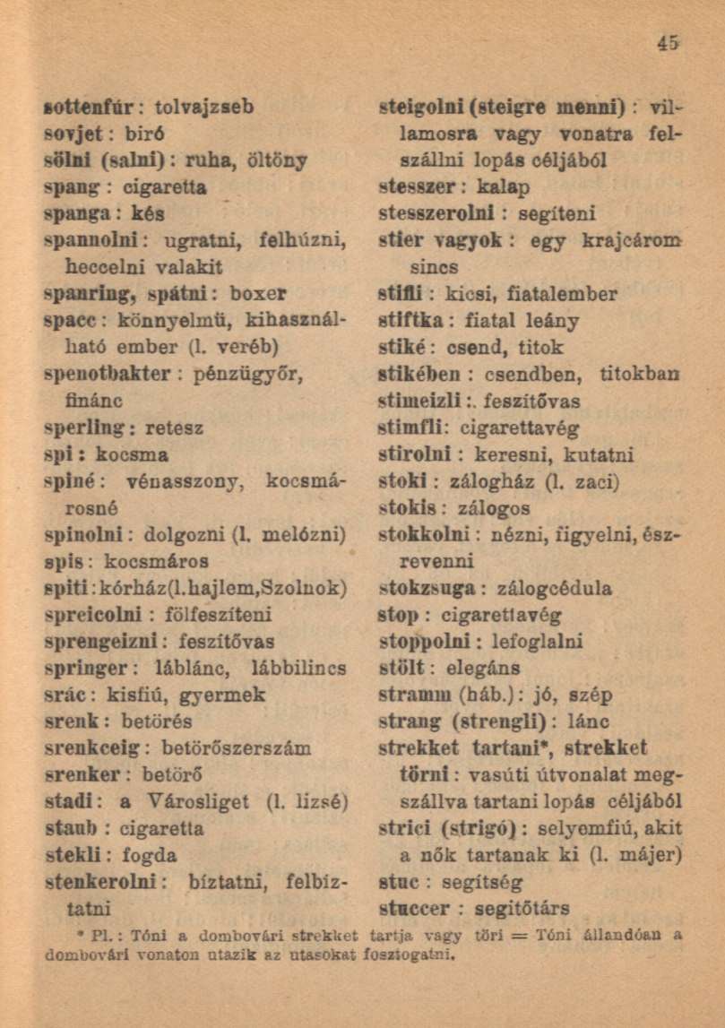 sottenfúr: tolvajzseb sovjet: biró sölni (salni): ruha, öltöny spang : cigaretta spanga: kés spannolni: ugratni, felhúzni, heccelni valakit spanring, spátni: boxer spacc: könnyelmű, kihasználható