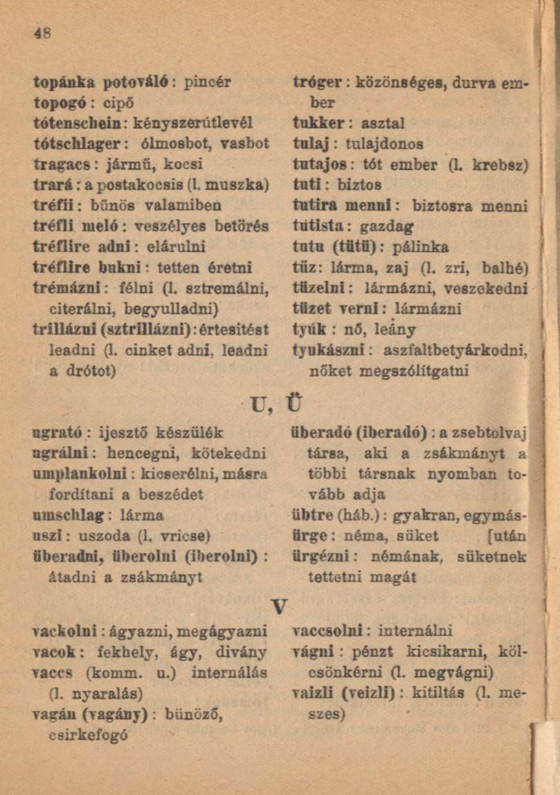 topánka potováló: pincér topogó: cipő tótenschein: kényszerútlevél tótschlager: ólmosbot, vasbot tragacs: jármű, kocsi trará: a postakocsis (l.