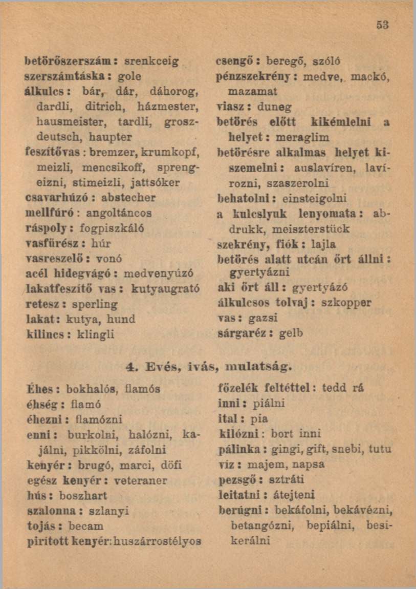 betöröszerszám: srenkceig szerszámtáska: gole álkulcs: bár, dár, dáhorog, dardli, ditrich, házmester, hausmeister, tardli, groszdeutsch, haupter feszítővas: bremzer, krumkopf, meizli, mencsikoff,