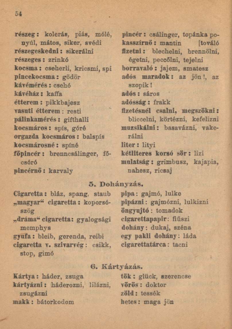 részeg: kolerás, piás, mólé, nyúl, mátos, siker, svédi részegeskedni: sikerálni részeges: zrinkó kocsma : cseherli, kricsmi, spi pincekocsma: gödör kávémérés: csehó kávéház: kaffa étterem: pikkbajesz